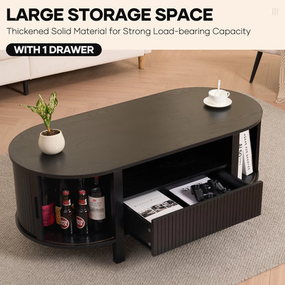 MARNUR Coffee Table with Storage, Tambour Sliding Door, Open Shelf, Mid Century Modern Center Table with Drawer for Living Room, Walnut