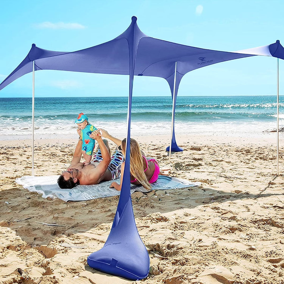 SUN NINJA 10x10.5 FT Pop-Up Beach Tent with Sand Shovel, Pegs & Stability Poles �C Navy Blue Sun Shelter for Beach, Camping & Outdoor Activities
