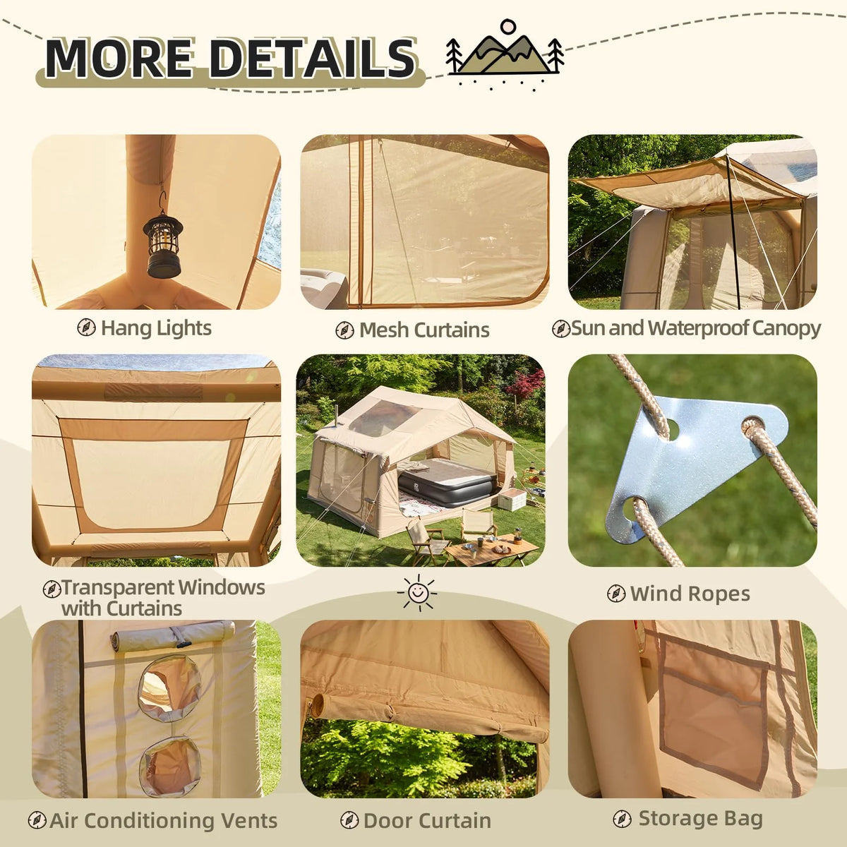 Yoleny 12'x8' Inflatable Tent, 96 SFT Blow Up Tent for Camping, 4 Season Oxford Glamping Tents with Clear Skylight, Pump & Stove Jack