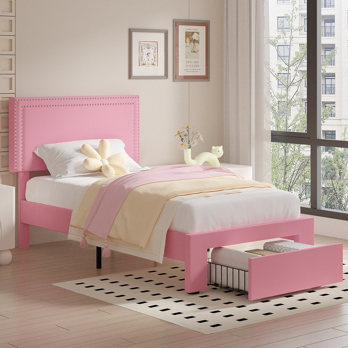 VECELO Full Bed Frame with 4 Storage Drawers (Wheeled) and Tufted Upholstered Adjustable Headboard Platform Bed, Beige