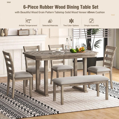 Bellemave 6-Piece Dining Table Set, Rubber Wood Rectangular Kitchen Table Set for 6, Farmhouse Dining Table Set with 4 Upholstered Chairs and Bench (Gray)