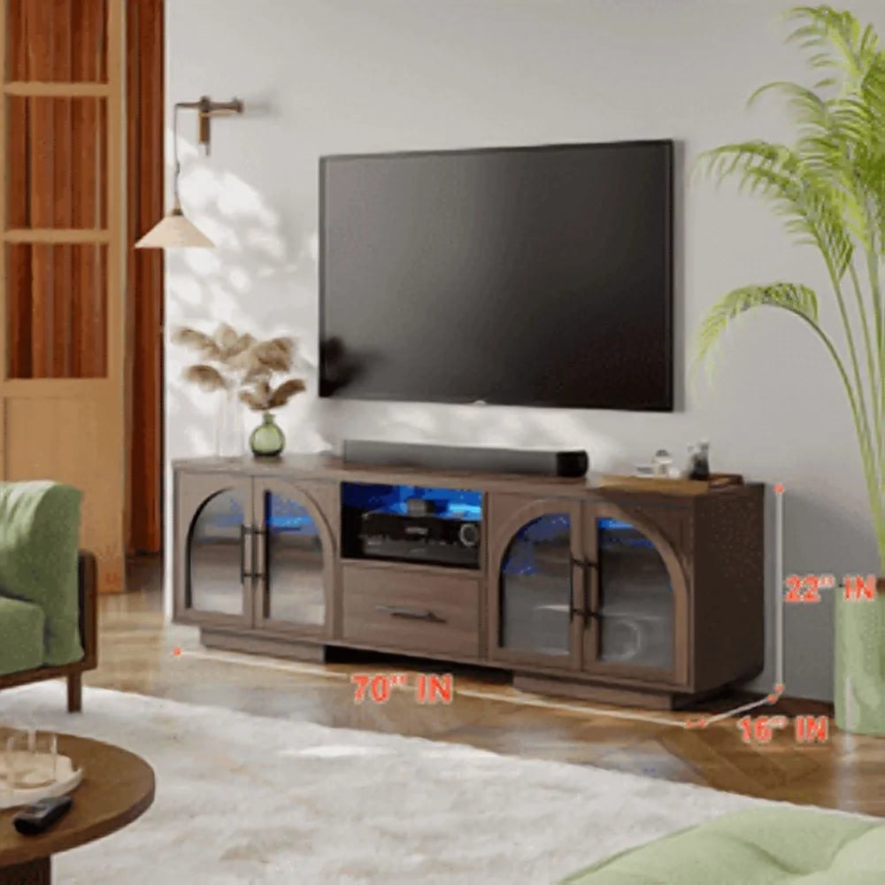 TV Stand for 75 inch TV, LED TV Stand for Living Room,70" Entertainment Center with Arched Glass Doors, Faux Marble Wood Finish Top, Adjustable Shelves, and LED Lighting, Black