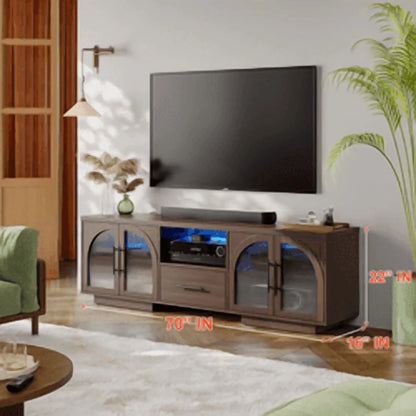 TV Stand for 75 inch TV, LED TV Stand for Living Room,70" Entertainment Center with Arched Glass Doors, Faux Marble Wood Finish Top, Adjustable Shelves, and LED Lighting, Black