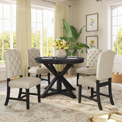 Besthome Farmhouse Extendable Round Kitchen Dining Room Table Set with Upholstered Chairs of 4, 5 Piece Round Dining Table Set with Extendable Table, Espresso