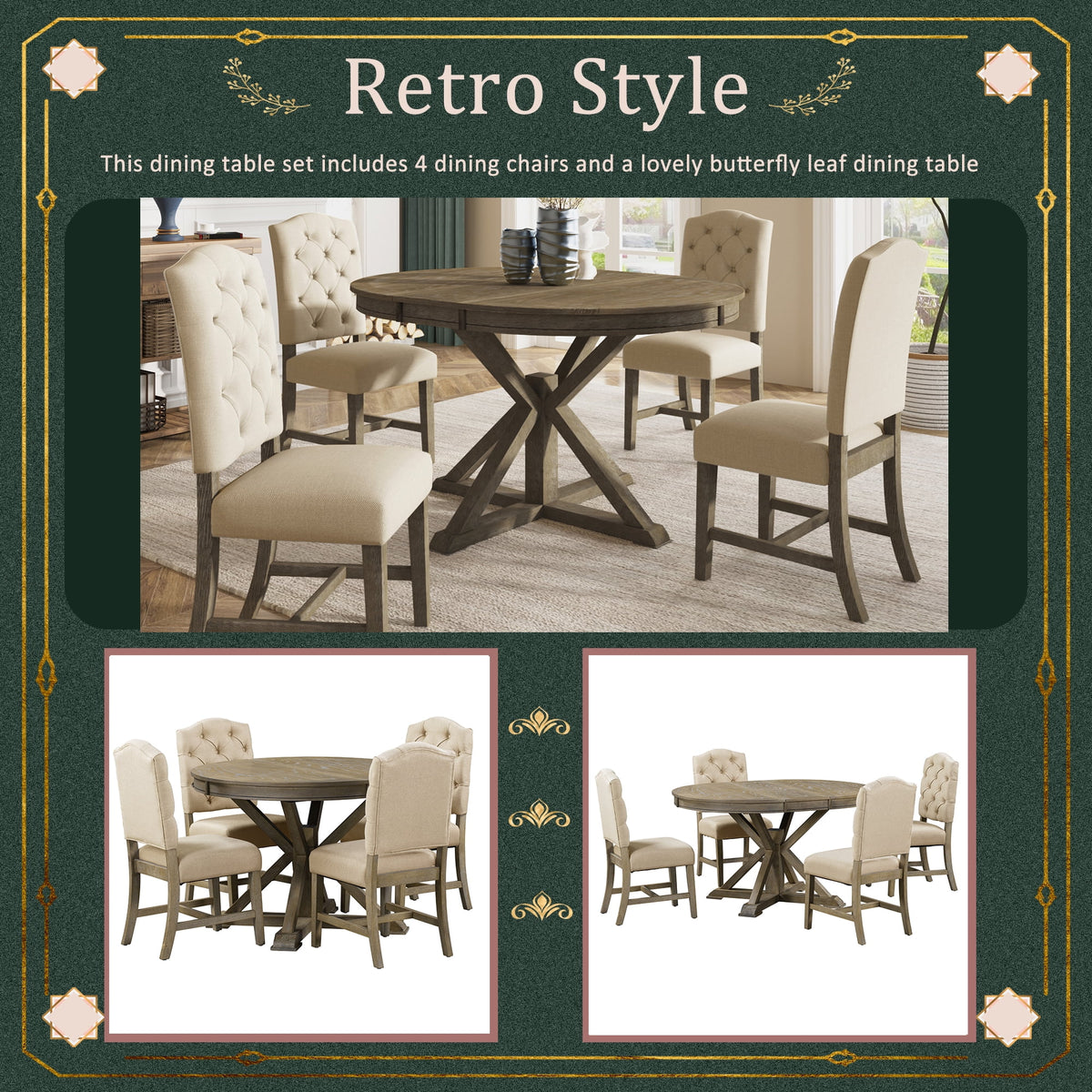 Besthome Farmhouse Extendable Round Kitchen Dining Room Table Set with Upholstered Chairs of 4, 5 Piece Round Dining Table Set with Extendable Table, Espresso