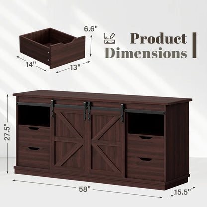 Vineego 70 inch Farmhouse TV Stand for Living Room, Entertainment Center with Sliding Barn Doors & 4 Storage Drawers, Adjustable Shelves Rustic Media Console for Bedroom,White