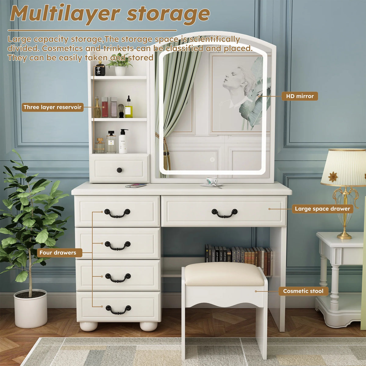 Wohh MDF Makeup Vanity with LED Mirror, Dressing Table and 5 Drawers, White