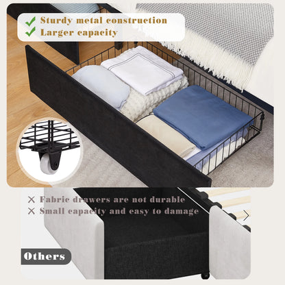 VECELO Full Bed Frame with 4 Storage Drawers (Wheeled) and Tufted Upholstered Adjustable Headboard Platform Bed, Beige