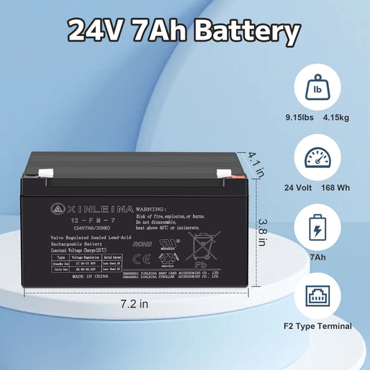 24V 7Ah Rechargeable Sealed Lead Acid Battery - Suitable for Most Kids Ride on Car - Battery Accessories