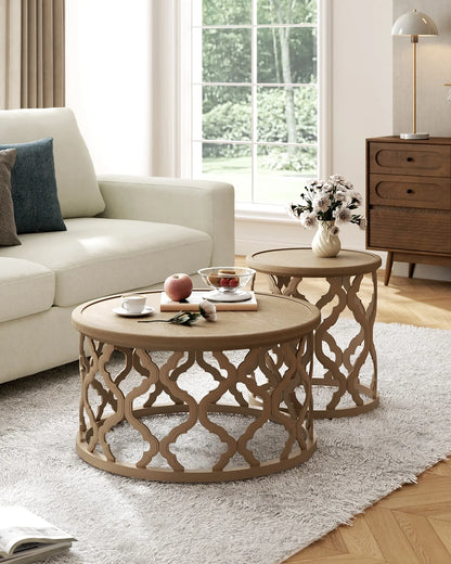 Bestco 30" Farmhouse Coffee Table, Round French Country Coffee Table, Distressed Wood Tray Top Vintage Coffee Table with Storage Shelf, Beige