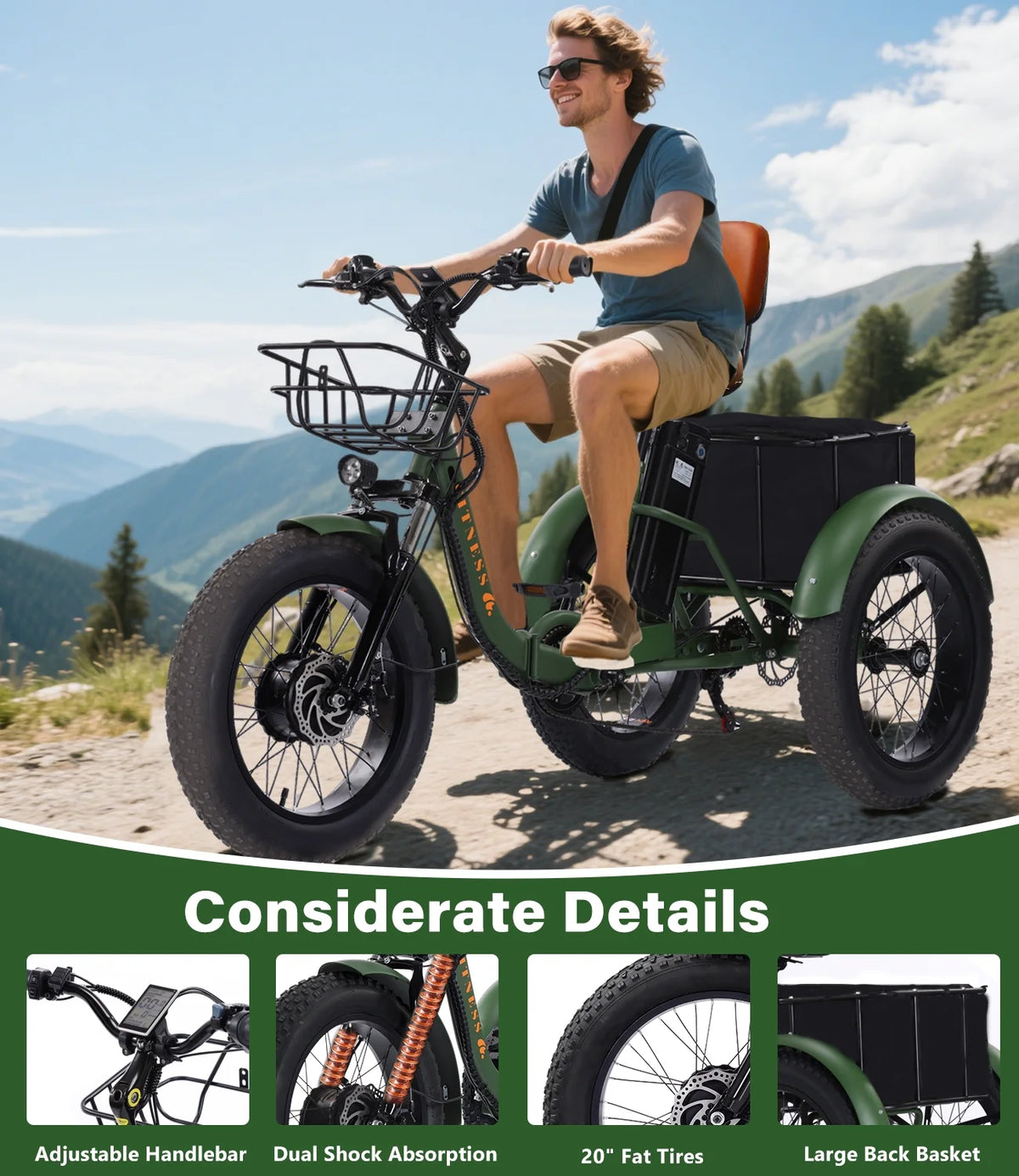 YEBEI Electric Tricycle for Adults Folding E-Trike Motorized Tricycle Electric 3 Wheels Trike Powerful 500W Motor Electric Tricycle 48V15AH Lithium Battery Max 20MPH 20*4.0�� Fat Tire Orange
