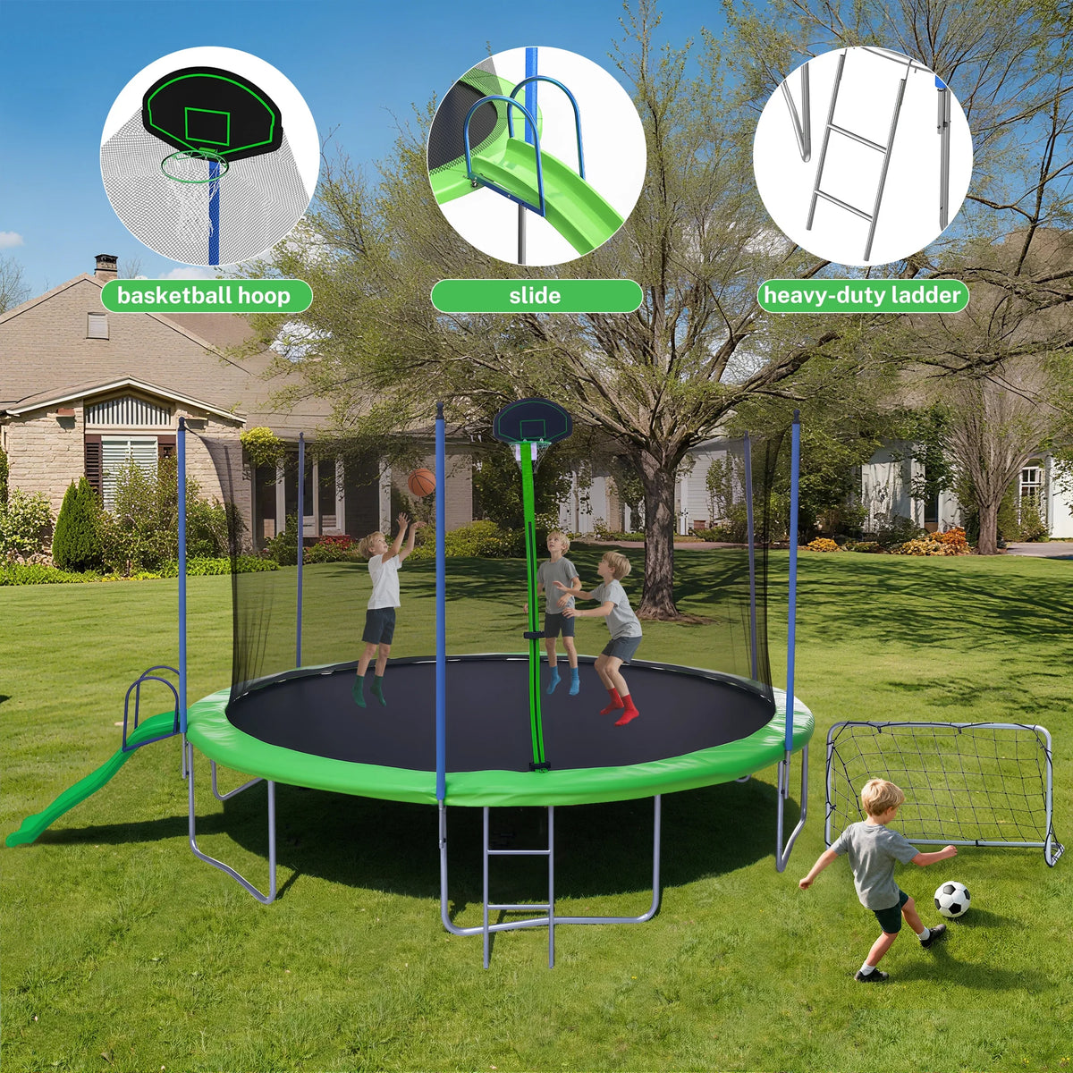 12FT Trampoline with Slide, Swings, SEGMART Recreational Trampoline with Basketball Hoop and Ladder, Heavy Duty Outdoor Backyard Trampoline with Net for Kids and Adults, Green