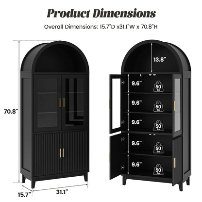 VEANERWOOD 71" Tall Arch Cabinet, Wood Fluted Kitchen Kitchen Storage Cabinet with 4 Doors and 6 Shelves for Dining Room Living Room
