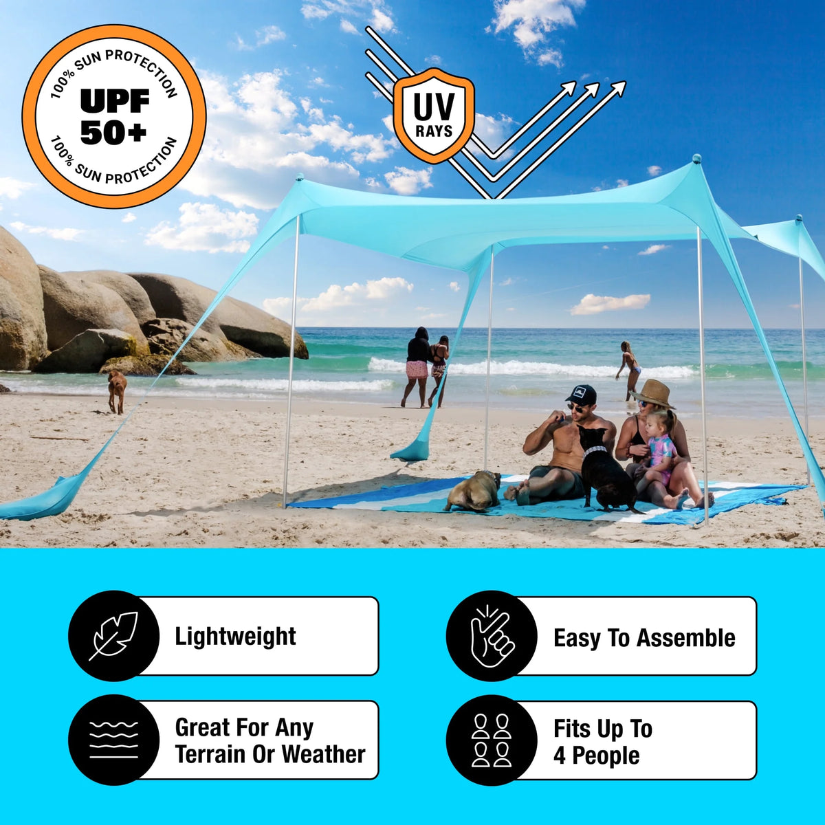 SUN NINJA 10x10.5 FT Pop-Up Beach Tent with Sand Shovel, Pegs & Stability Poles �C Navy Blue Sun Shelter for Beach, Camping & Outdoor Activities