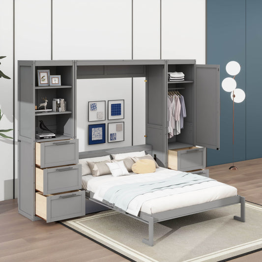 YunNianYang Queen Size Gray Murphy Bed Wall Bed with Closet ,Drawers and Shelves