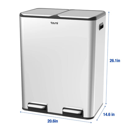 Tzumi Dual-Compartment Recycling Bin Stainless Steel Trash Can for Kitchen, 16 Gallon Total