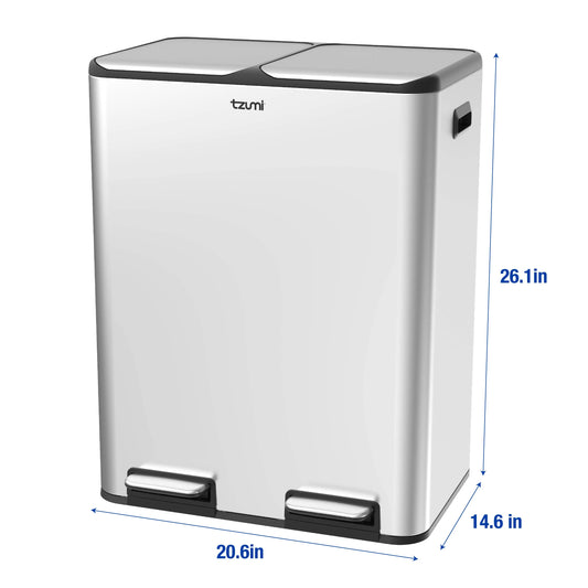 Tzumi Dual-Compartment Recycling Bin Stainless Steel Trash Can for Kitchen, 16 Gallon Total