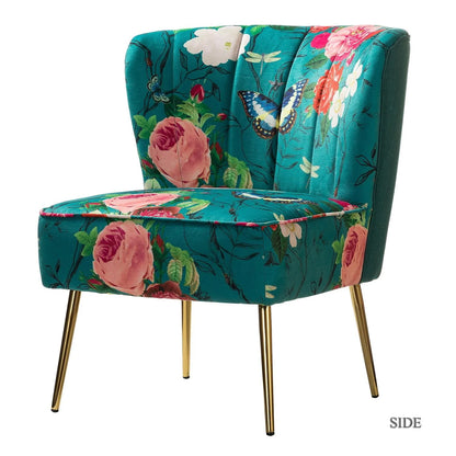 14 Karat Home Modern Floral Accent Armless Side Chair Metal Base Tufted Back Adult Bedroom Blue