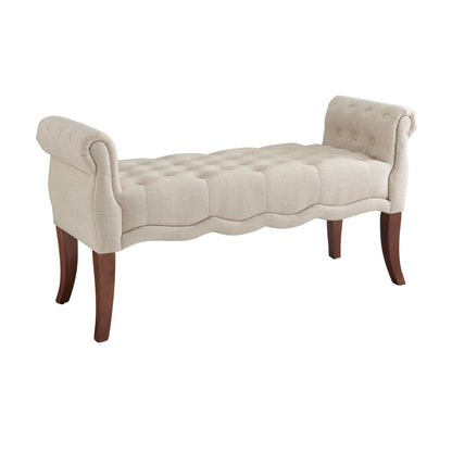 Linon Menlo Rolled Arm Button Tufted Bench, Dark Walnut Finish with Natural Fabric