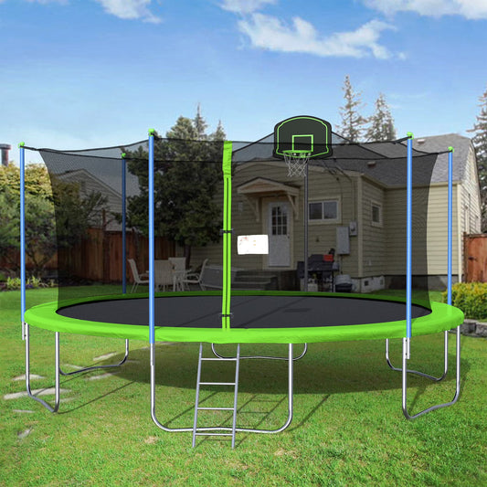 14FT Outdoor Trampoline with Safety Enclosure, Steel Tube Frame, Ladder & Secure Net - Heavy Duty, Blue