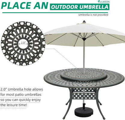 VIVIJASON Outdoor 61" Patio Dining Table for 6-8 Person, Large Patio Round Dining Table with 24" Lazy Susan, Dark Bronze Cast Aluminum Rustic Patio Table W/Umbrella Hole for Balcony, Porch and Deck