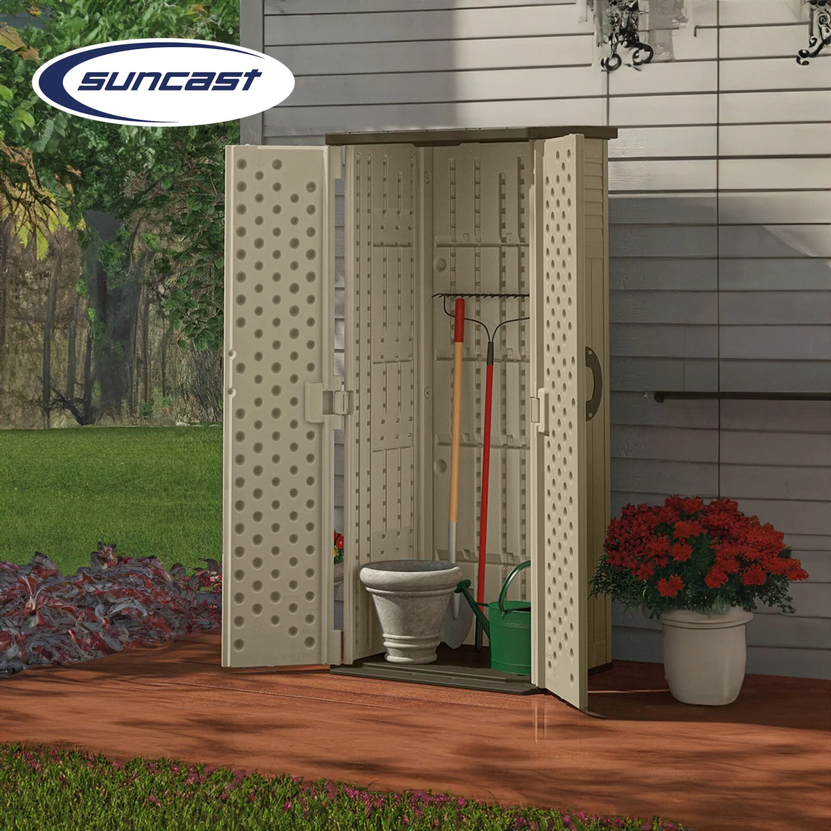 Suncast 22 Cubic Feet All-Weather Vertical Tall Outdoor Storage Shed, Brown