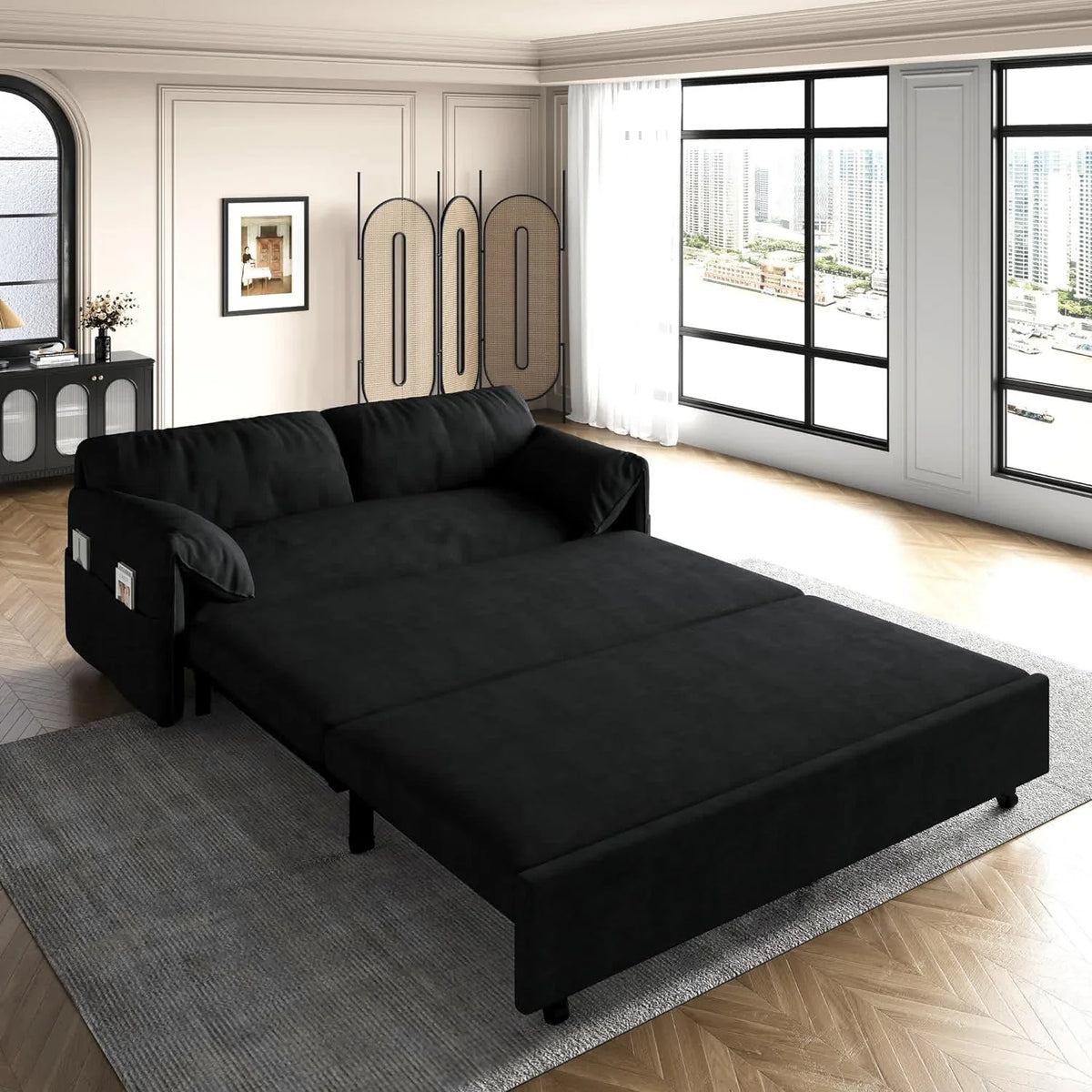 Tabaray 63.8" Futon Sofa Bed Queen Size, Pull Out Bed, 3-in-1 Convertible Sleeper Sofa with Side Pocket, Modern Plush Velvet Futon Couch for Living Room, Small Space, Apartment, Bedroom, Black