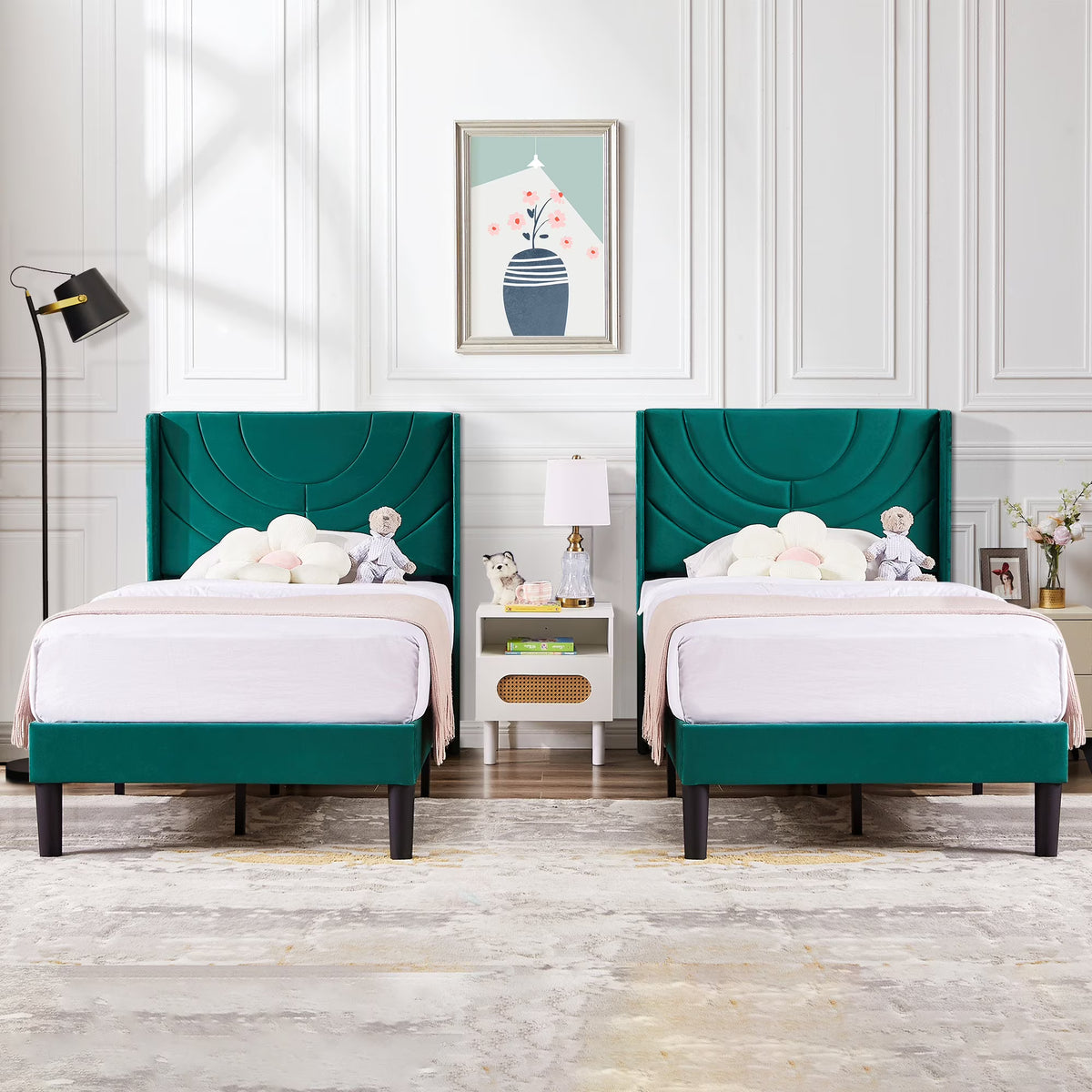 VECELO Set of 2 Twin Bed Frames, Modern Upholstered Platform Bed Frame with Tufted Headboard, No Box Spring Needed, Dark Green