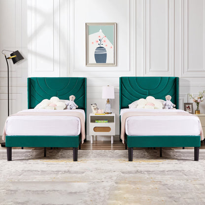 VECELO Set of 2 Twin Bed Frames, Modern Upholstered Platform Bed Frame with Tufted Headboard, No Box Spring Needed, Dark Green