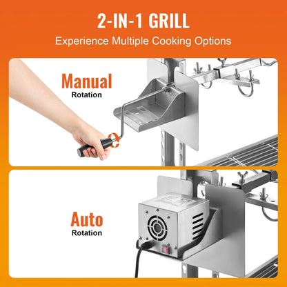 VEVOR Rotisserie Grill with Windscreen, BBQ Whole Pig Lamb Goat Charcoal Spit Grill, 46 Inch 132 Lbs Capacity, Electric 52W Motor Stainless Steel Roaster with Lockable Wheels, for Camping Outdoor
