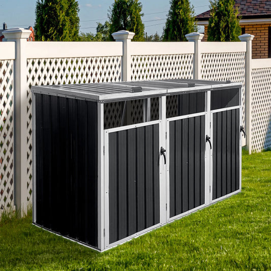 Aukfa 7.3' W Outdoor Garbage Bin Storage, Metal Storage Shed for 3 Trash Cans Tools, Waterproof Trash Can Storage