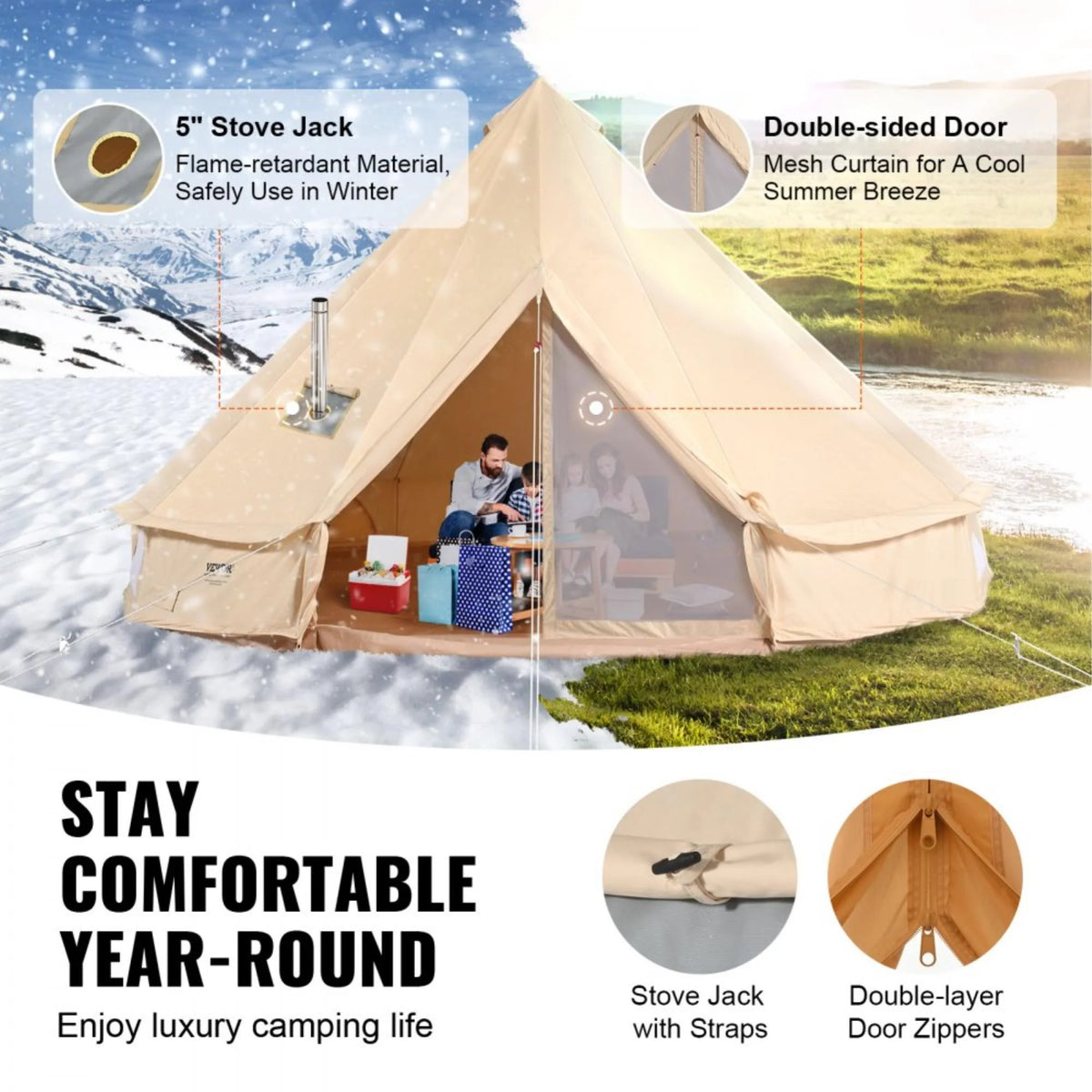 12-Person Waterproof Glamping Bell Tent with Stove Jack, Breathable Large Yurt Tent for Family Camping, 23'x23', Detachable Side Wall