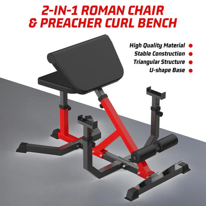TROPOW 2-In-1 Roman Chair & Preacher Curl Bench Multi-Function Heavy-Duty Hyperextension Bench for Arms, Ab, Back, Glute & Leg Extension with Adjustable Height Exercise Equipment