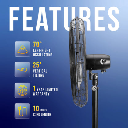 Tornado - 20 Inch High Velocity Metal Oscillating Pedestal Fan - Commercial, Industrial Use Water-Resistant