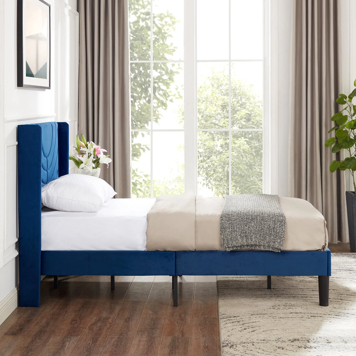 VECELO Set of 2 Twin Bed Frames, Modern Upholstered Platform Bed Frame with Tufted Headboard, No Box Spring Needed, Dark Green