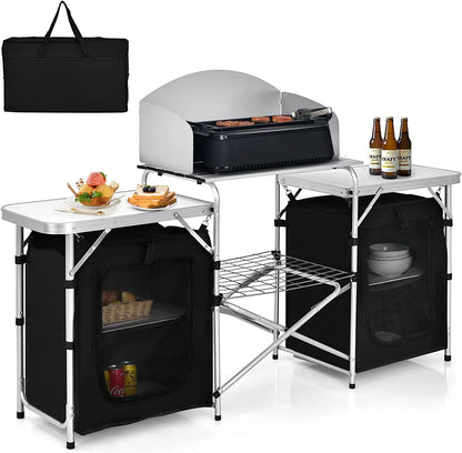 Camping Kitchen Table with Storage, Aluminum Portable Outdoor Cooking Table with Windscreen, Foldable Camp Table Cook Station for BBQ, Grill, Party, Picnics