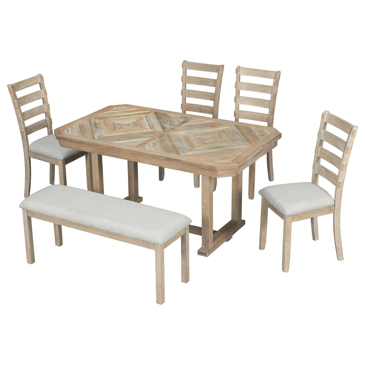 Bellemave 6-Piece Dining Table Set, Rubber Wood Rectangular Kitchen Table Set for 6, Farmhouse Dining Table Set with 4 Upholstered Chairs and Bench (Gray)