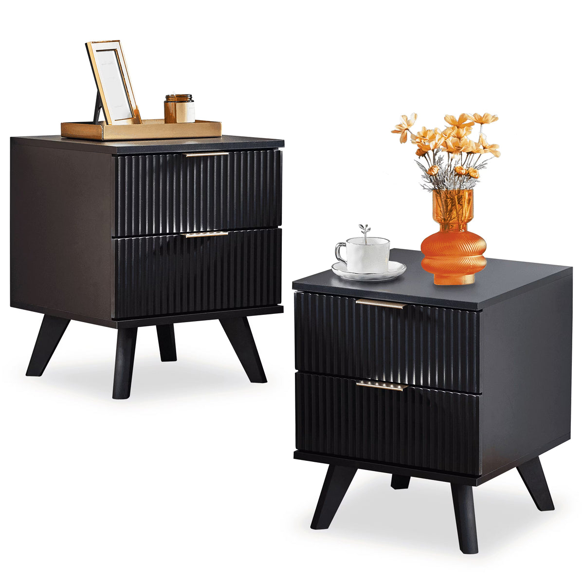 YOCWO Fluted Nightstand for Bedroom Set of 2 , Wood Bedside Table Set of 2 with Drawers, Black