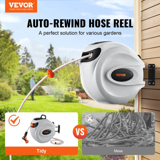 VEVOR Retractable Hose Reel, 84 ft x 5/8 inch, 180�� Swivel Bracket Wall-Mounted, Garden Water Hose Reel with 9-Pattern Nozzle, Automatic Rewind, Lock at Any Length, and Slow Return System