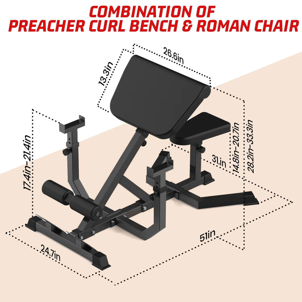 TROPOW 2-In-1 Roman Chair & Preacher Curl Bench Multi-Function Heavy-Duty Hyperextension Bench for Arms, Ab, Back, Glute & Leg Extension with Adjustable Height Exercise Equipment