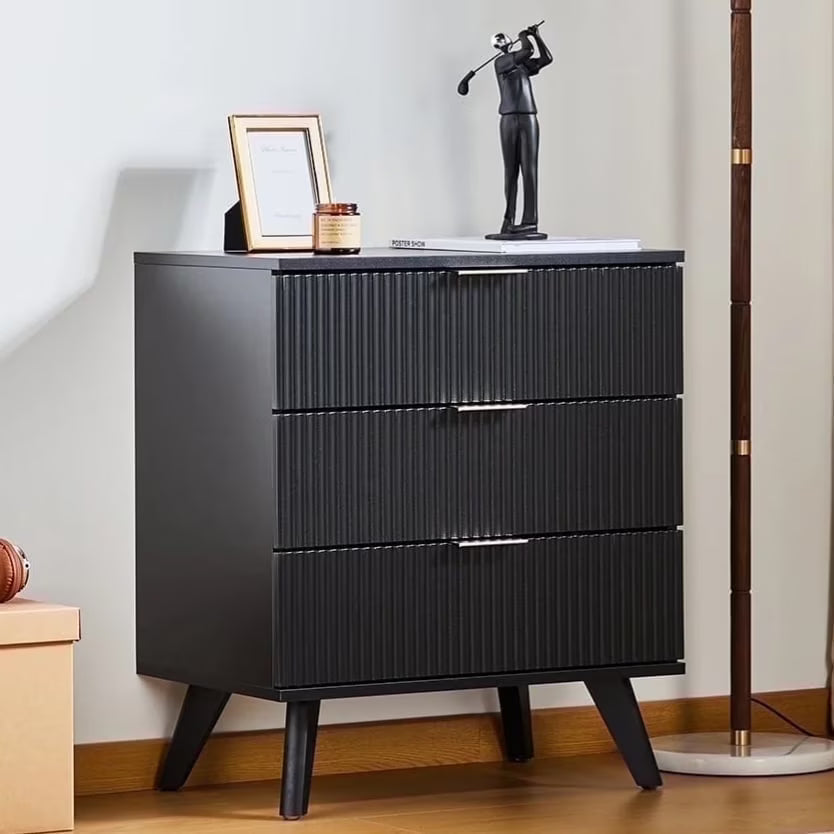 YOCWO Fluted Nightstand for Bedroom Set of 2 , Wood Bedside Table Set of 2 with Drawers, Black