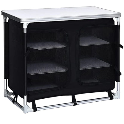 Camping Kitchen Station, Aluminum Portable Folding Cook Table with Storage Organizer and Carrying Bag, Quick Installation for Outdoor BBQ Party Backyards and Tailgating, Black
