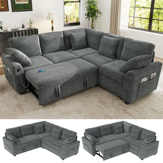 BedLuxury 83" Sectional Sleeper Sofa with Pull Out Bed, L Shaped Couch with Storage Seat for Living Room, Gray