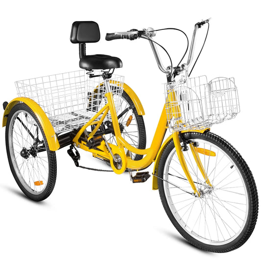 VEVOR 24"Adult Tricycle 7-Speed Three Wheel Bike Cruise Bike ,Seat Adjustable Trike with Bell, Brake System and Basket Cruiser Bicycles Size for Shopping