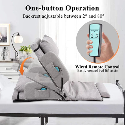 Electric Lifting Backrest for Bed, Folding Adjustable Multi-Function Neck Head and Lumbar Back Support for Elder, Electric Lifting Backrest Pillow with Electric Pump System (Gray with Armrest)