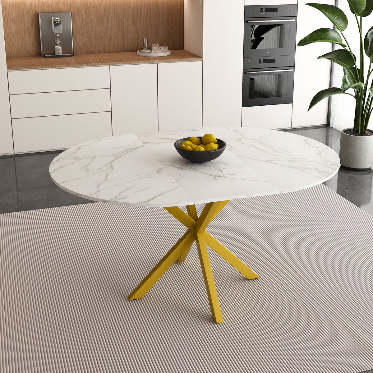 UHOMEPRO Extendable Dining Table with Extendable Blades, Modern Round Kitchen Table with Faux Marble Tabletop, Single Dining Room Table with Carbon Steel X-shaped Base for Dining Room, White+Gold