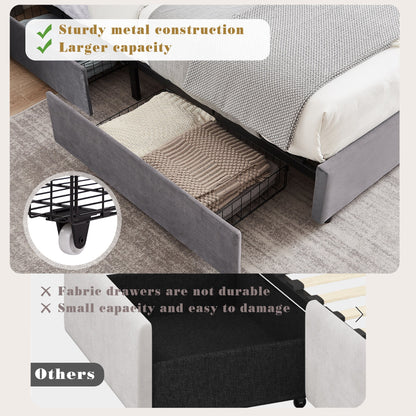 VECELO Full Bed Frame with 4 Storage Drawers (Wheeled) and Tufted Upholstered Adjustable Headboard Platform Bed, Beige