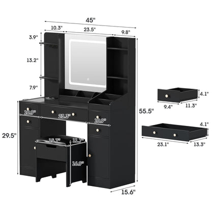 Vanity Set with Mirror and Lights, Makeup Table with Charging Station,5 Drawers & Storage Shelves, White