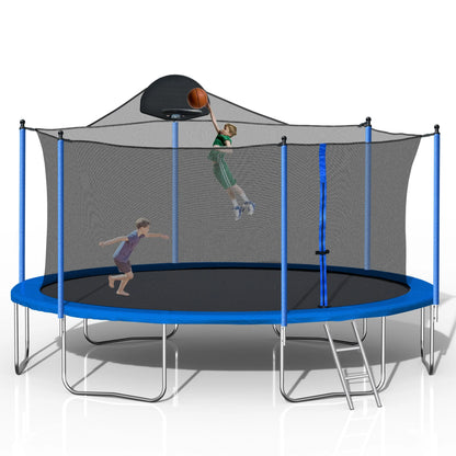 14FT Outdoor Trampoline with Safety Enclosure, Steel Tube Frame, Ladder & Secure Net - Heavy Duty, Blue