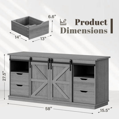 Vineego 70 inch Farmhouse TV Stand for Living Room, Entertainment Center with Sliding Barn Doors & 4 Storage Drawers, Adjustable Shelves Rustic Media Console for Bedroom,White